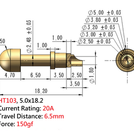 HT103 Spring Test Probe Pogo Pin Gold coated 5.5mm diameter, 6.5mm Travel distance  2PCs