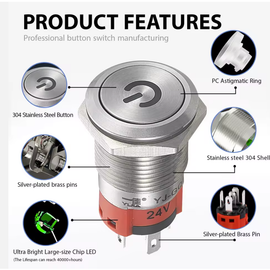 19mm Latching Push Button Switch Waterproof Stainless Steel Metal Flat Top 12V 24V 36 DC 110V 250V AC 5A 1NO 1NC SPDT (Flat Round Latching)