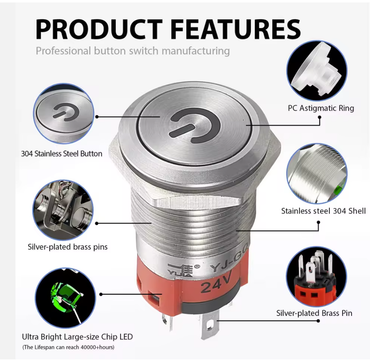 19mm Latching Push Button Switch Waterproof Stainless Steel Metal Flat Top 12V 24V 36 DC 110V 250V AC 5A 1NO 1NC SPDT (Flat Round Latching)